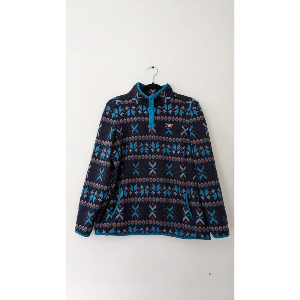 LL Bean Fleece Sweater Pullover Snowflake Blue Purple, Size XL